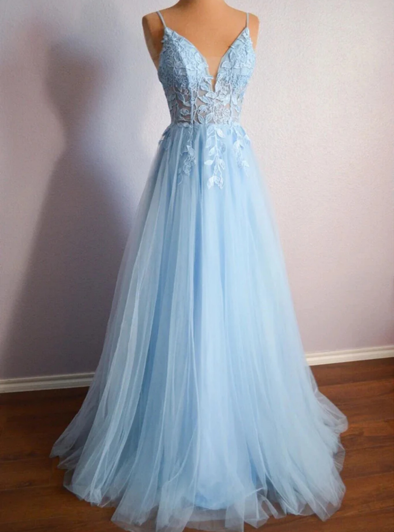 Gray Blue Tulle Appliques A Line Evening Dress Prom Dress Y8341 main image 0
