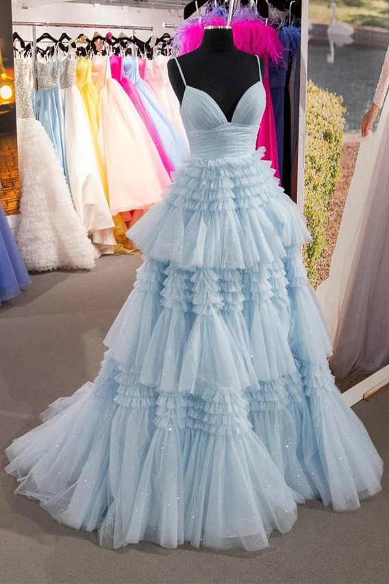 Tulle Spaghetti Straps Ruffles Blue Prom Dress With Slit main image 1