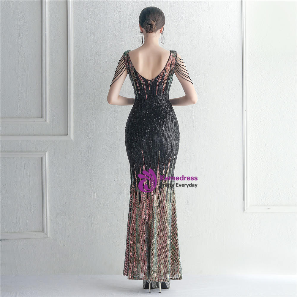 Sexy Black V NecK Satin Beaded A Line Long Party Dress Backless Evening Gown main image 1