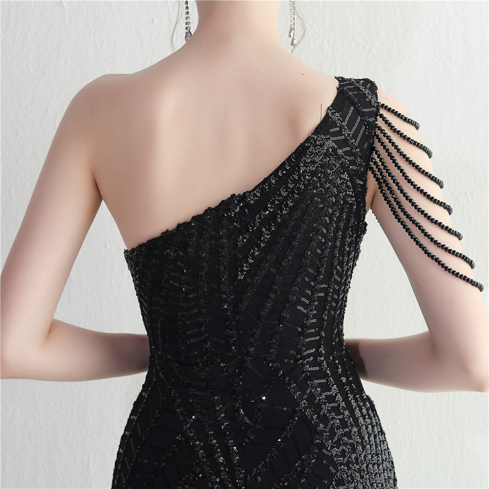 Black Sequins Shoulder Pad Party Dress