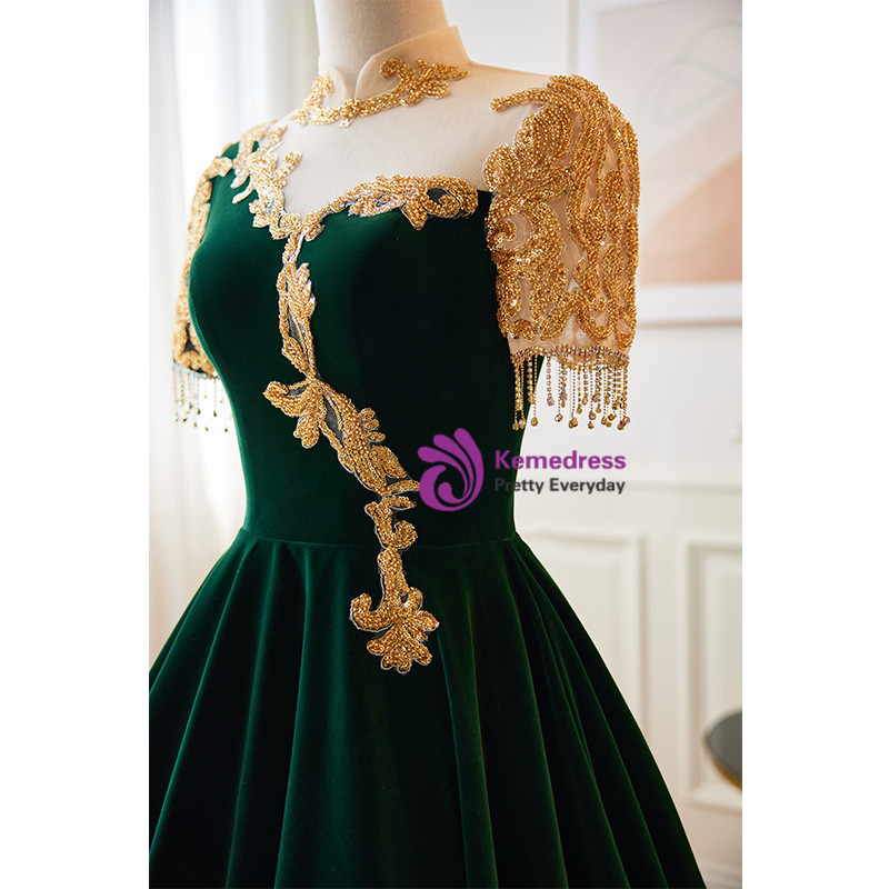 Moss Green Velvet Charmeuse Ankle Length Crafted Prom Dress main image 1