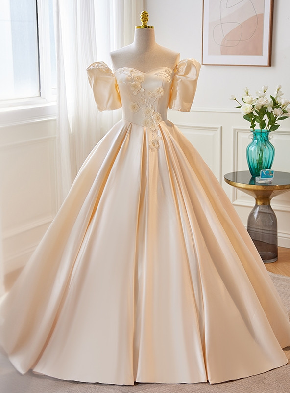 Modest White Satin Puffy Wedding Dress,White Bridal Gown Y6737 main image 1