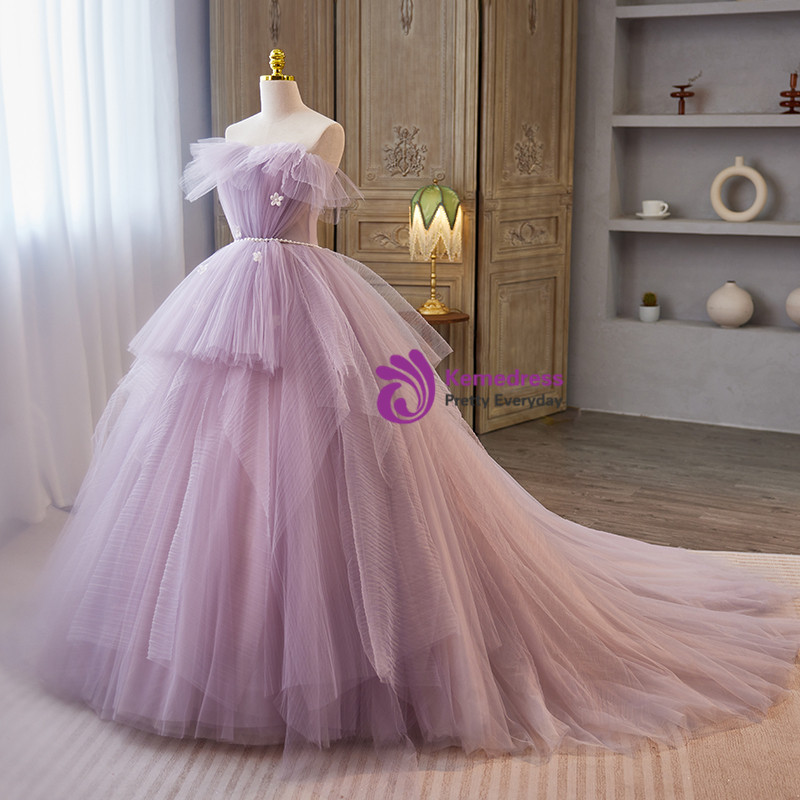 Purple Tulle V-neck Pleats Quinceanera Dress main image 0