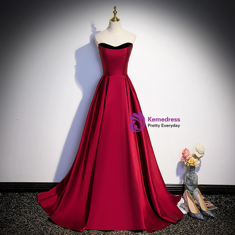 Chic A-Line Burgundy Long Prom Dress Satin Strapless Evening Dress Sleevless Birthday Dress DP04832