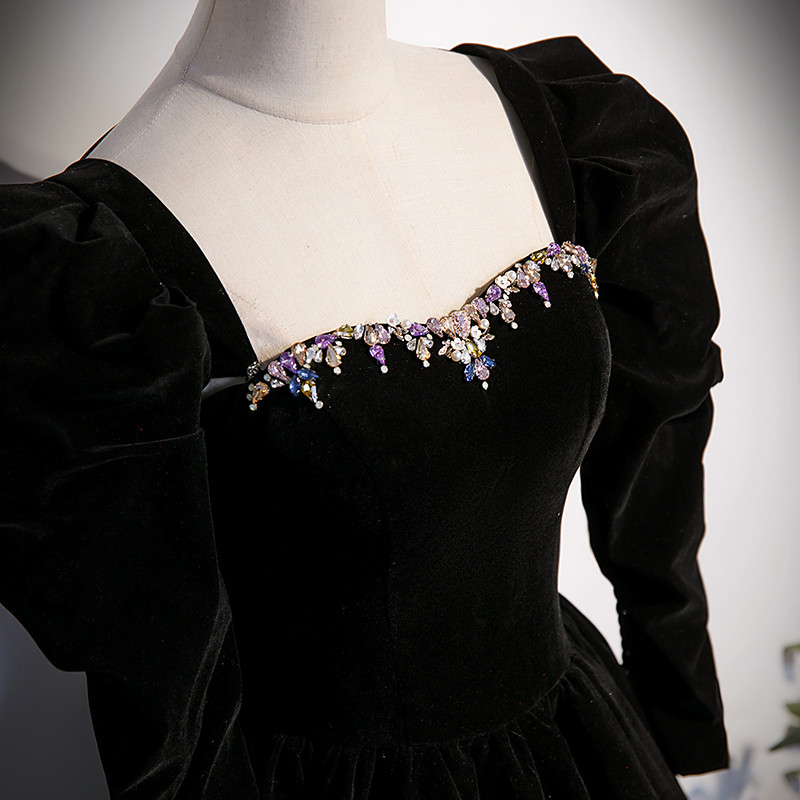 Black Long Sleeve Velvet Crystal Formal Prom Dress main image 0