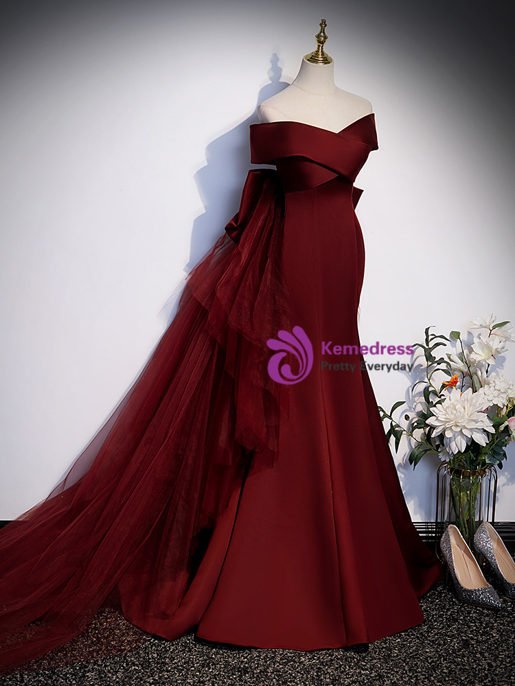 Mermaid Off the Shoulder Burgundy Corset Prom Dress with Bronzing main image 1