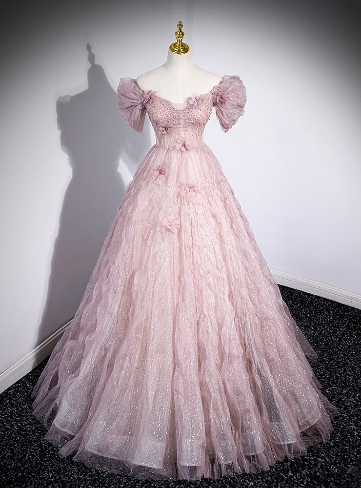 Flower Tulle Pink Off The Shoulder Prom Dress main image 1