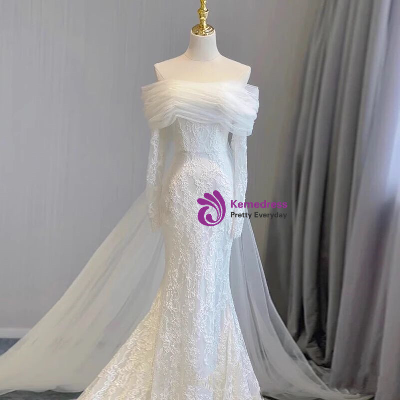 White Mermaid Corset Tulle Wedding Dress with Applique Lace main image 1