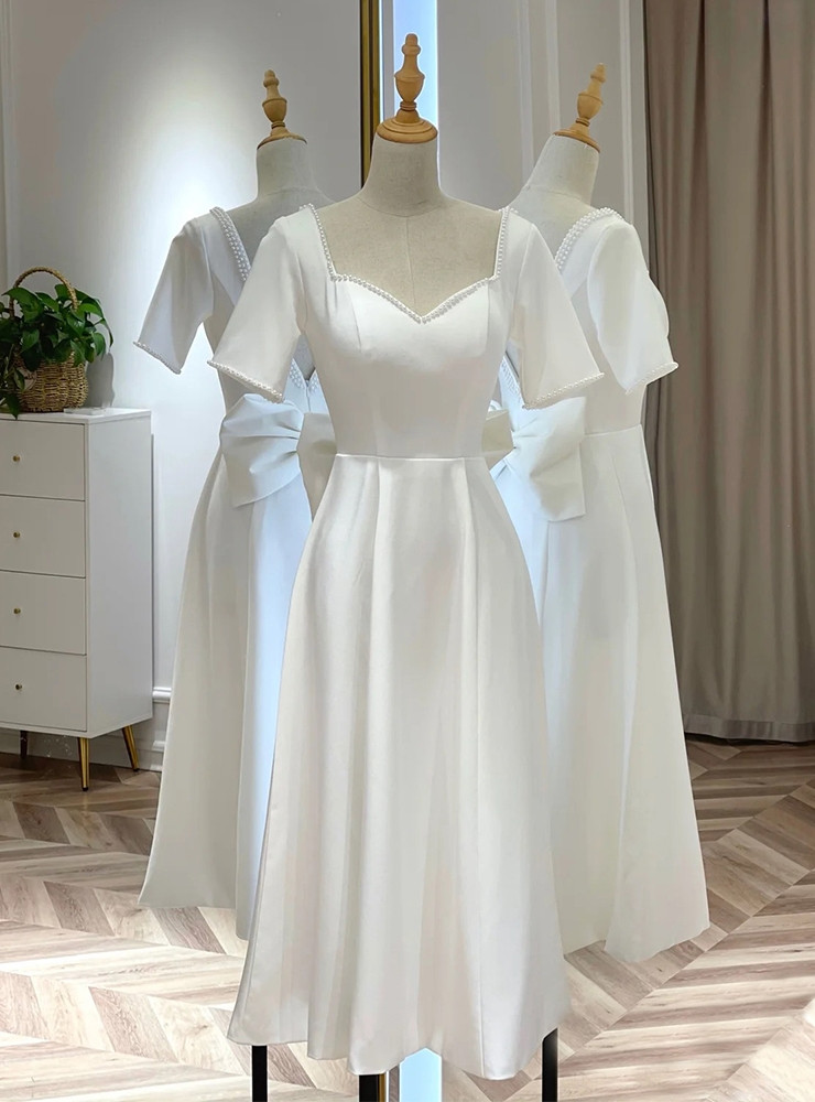 A-Line Square Neckline Satin Short Dress White