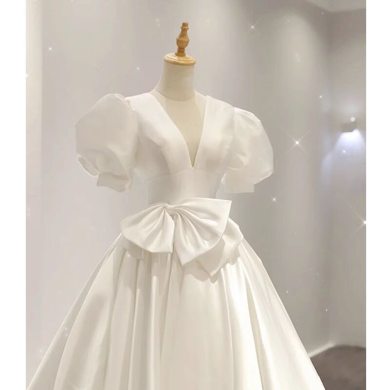 Satin V-Neck Gown with Puff Sleeves and Bow Dusty Rose