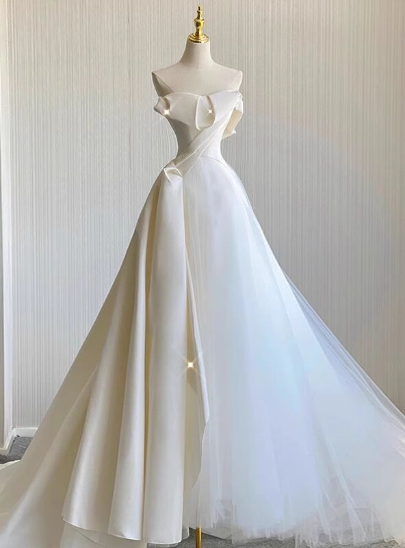 Satin Bow Shoulder Trapeze Tulle Dress Ivory main image 1