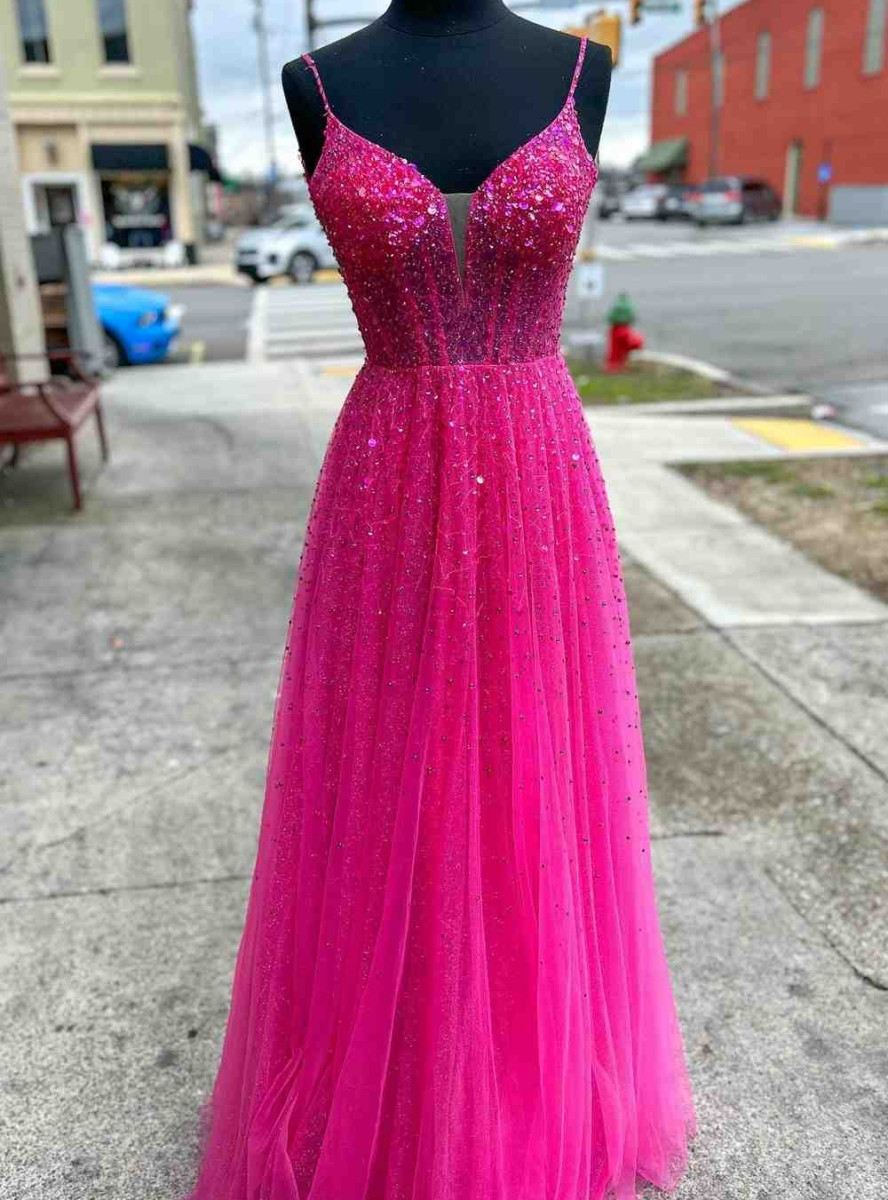 Fuchsia Ruffled Split A-Line Tulle Prom main image 0