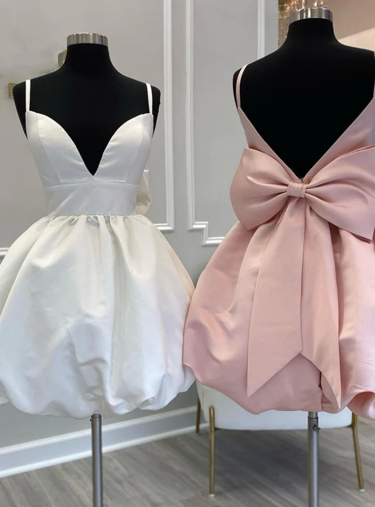 Sheath Spaghetti Straps Pleated White Satin Homecoming Dress  PD003