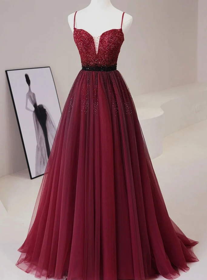 Elegant Spaghetti Straps Tulle Prom Dress,Olive Green Evening Gown Y1244