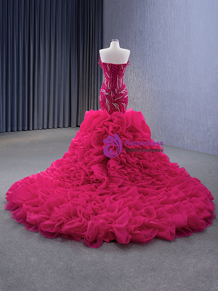 Strapless Ruched Bodice Beaded Trim Mermaid Gown Fuchsia main image 1