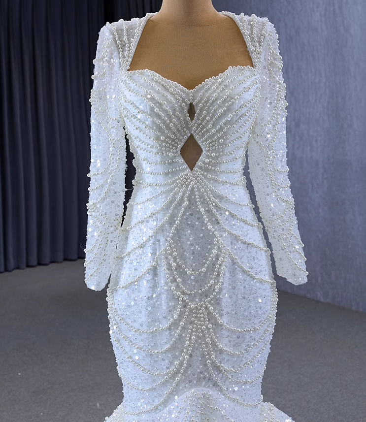 White Mermaid Sequins Backless Pearls Wedding Dress White Mermaid Sequins Backless Pearls Wedding Dress