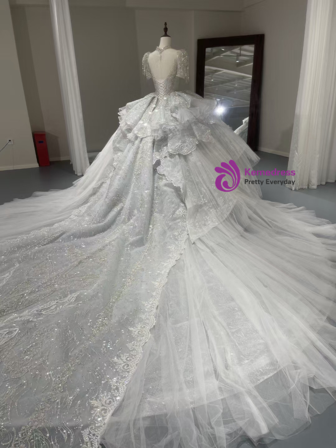 18352 Red Sequined Lace Tulle Train Evening Gown