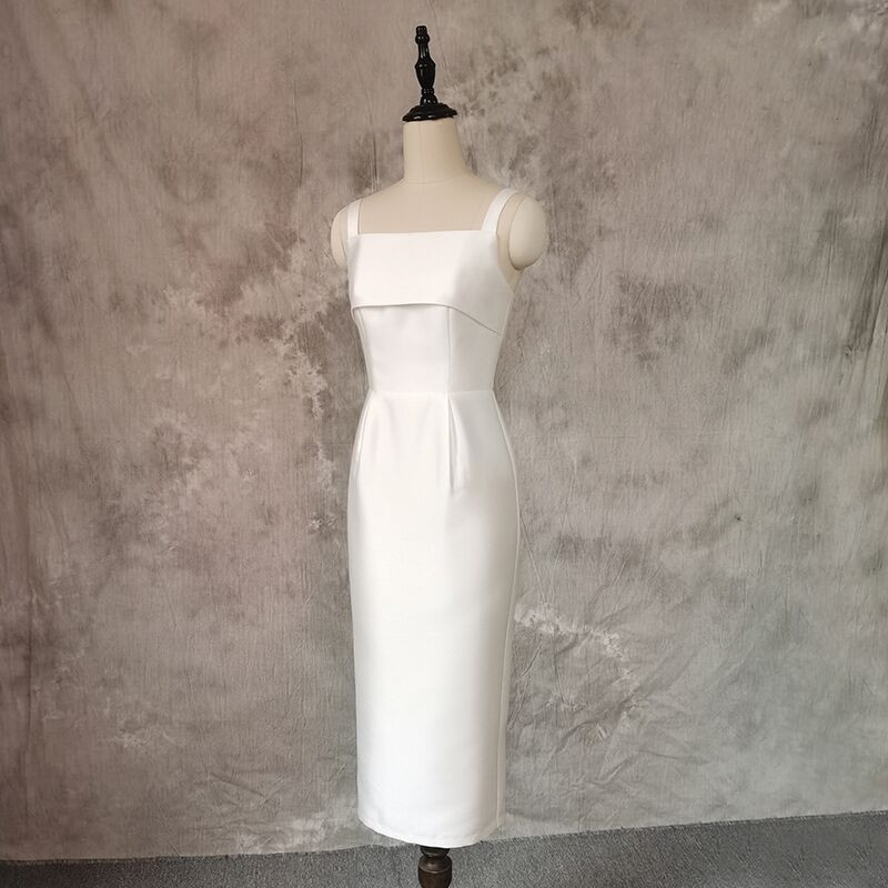 Sheath Spaghetti Straps White Lace Tea Length Party Dress Formal Evening Gown main image 0