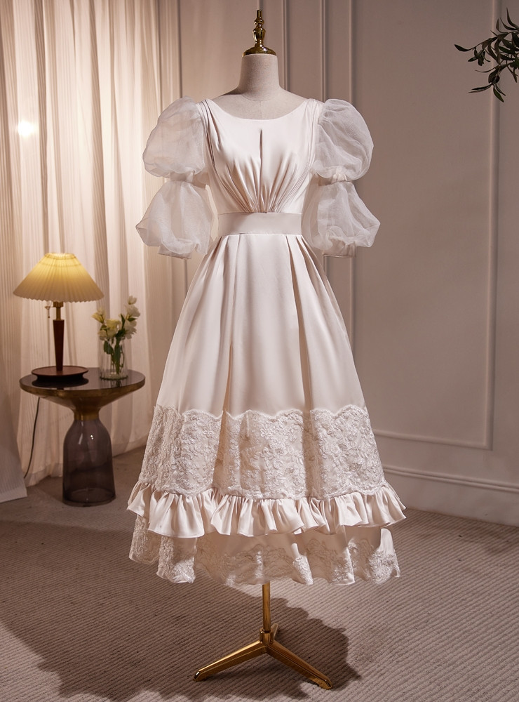 White Satin Square Short Sleeve Button Prom Dress main image 1