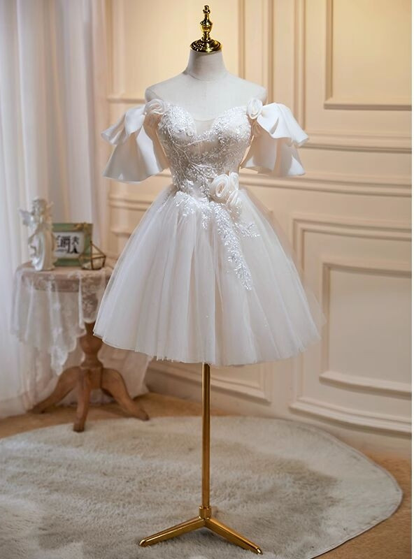 Dark Blue Off the Shoulder Tulle Homecoming Dress with Lace Appliques, High Low Dress UQ1725