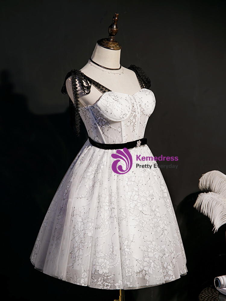 Vintage White Lace Strapless A-Line Homecoming Dress Party Dress Cocktail Dress DP6711