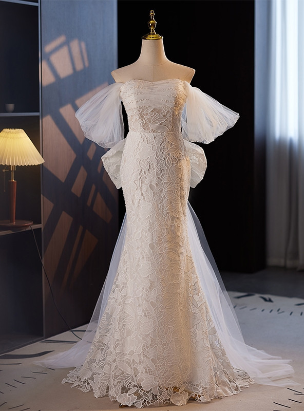 Gorgeous Strapless White Long Mermaid Ruffles Pleated Wedding Dress Bridal Dress Y9852 main image 1