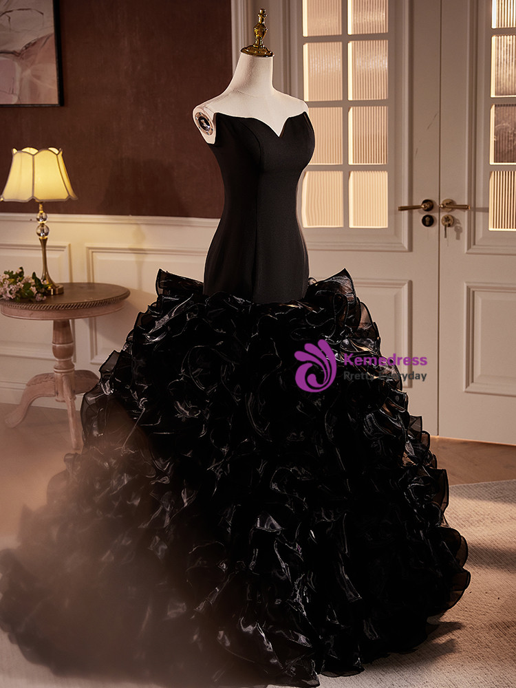 Beautiful Mermaid Strapless Black Long Organza Party Dresses Prom Dress main image 0