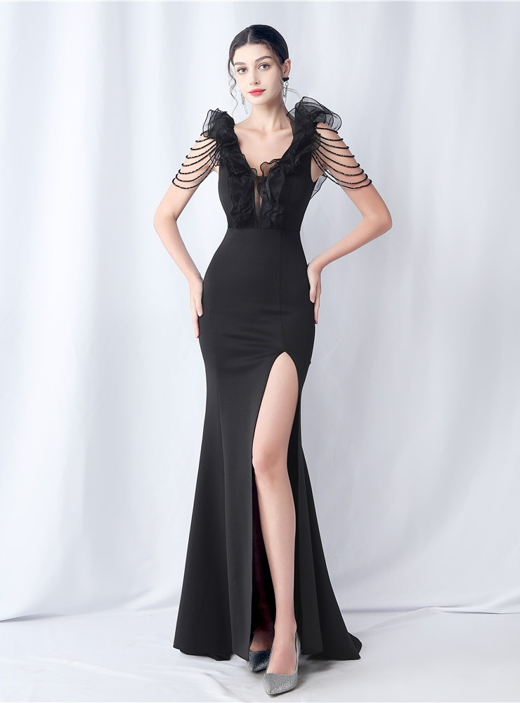 Satin Mermaid Ruched V Neck Ruffles Formal Dresses
