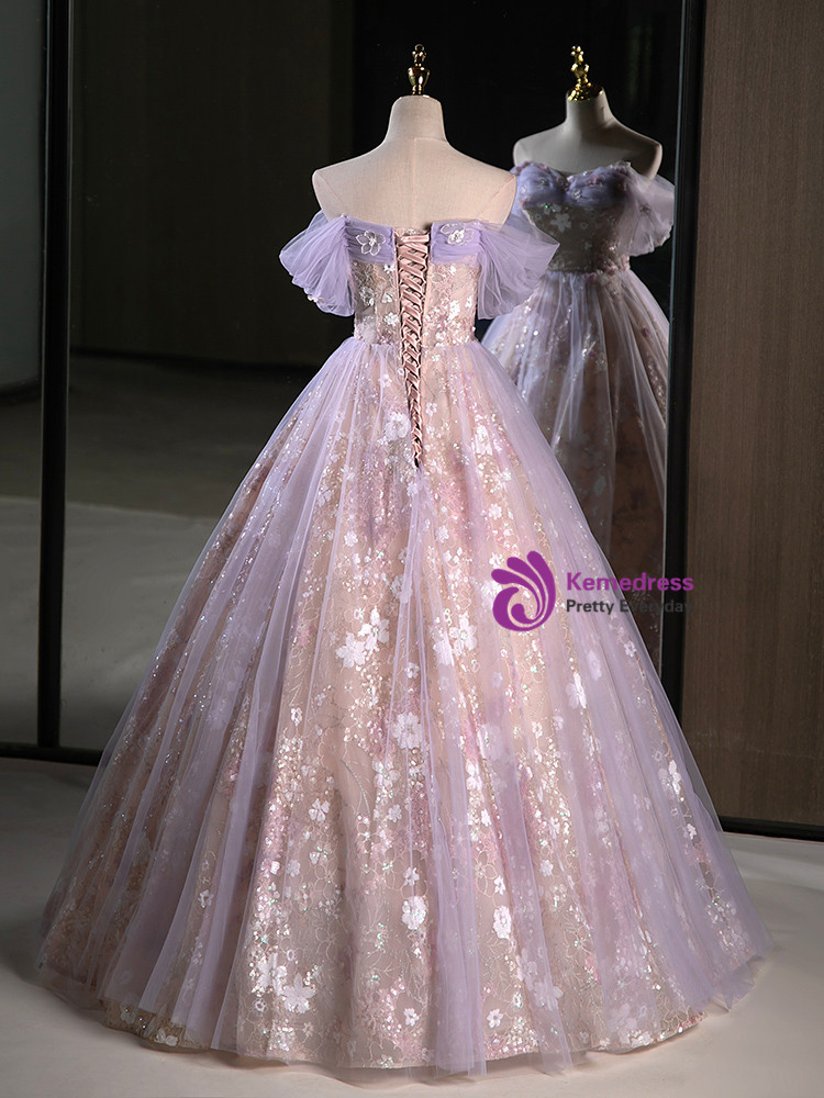 Off Shoulder Sleeveless Silver Appliques Tiered Bow Knot Purple Quinceañera Dress WQ1688