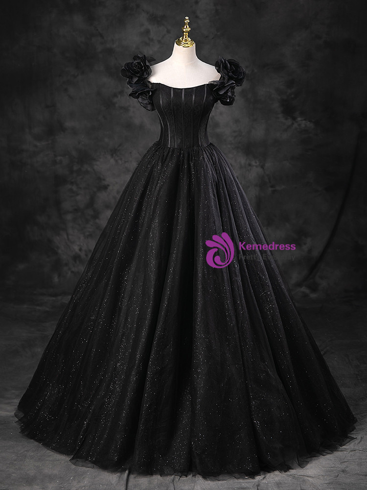 Vintage Black Tulle Sequins Off the Shoulder Quinceanera Dress main image 0