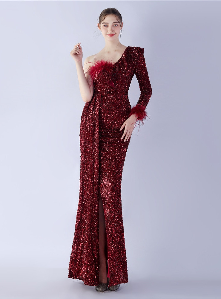 4620052 Burgundy One Shoulder Sheath Dress