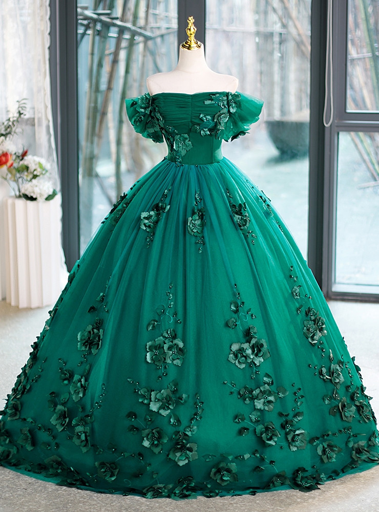Off Shoulder Sleeveless 3D Flower Appliques Green Quinceanera Dress for Sweet 16 WQ1307 main image 0