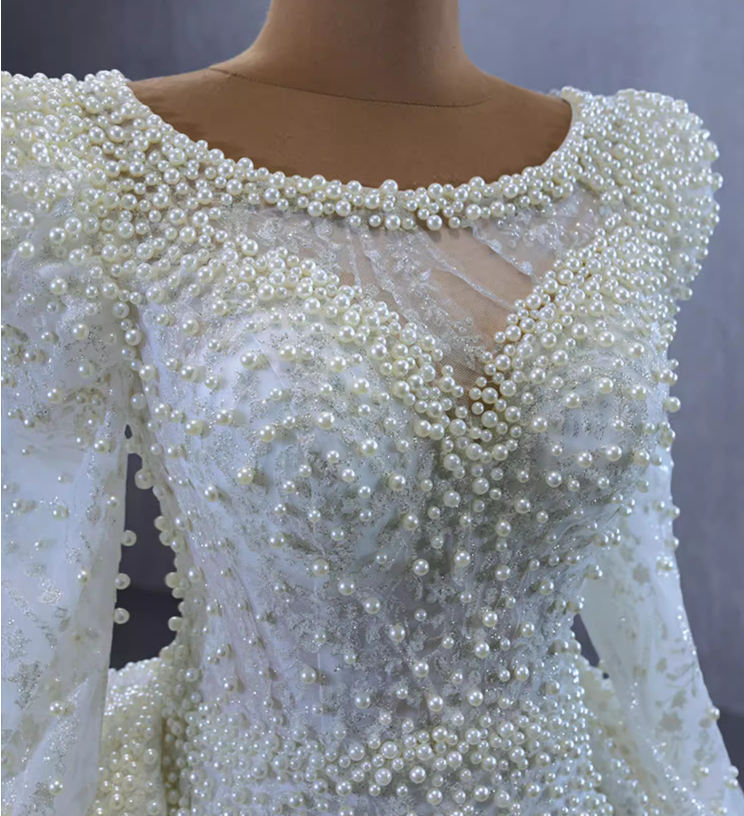 White Mermaid Sequins Long Sleeve Strapless Pearls Wedding Dress main image 1