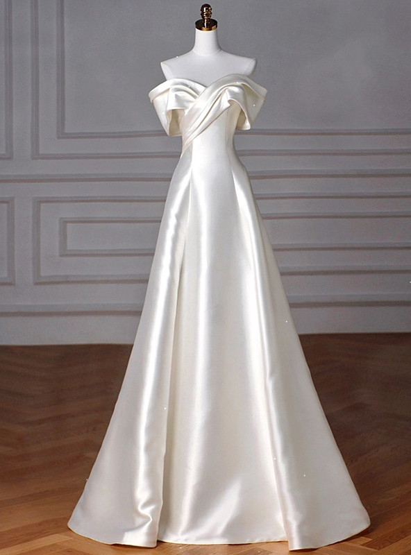 Luxury Satin Bow Wedding Dress Pure White