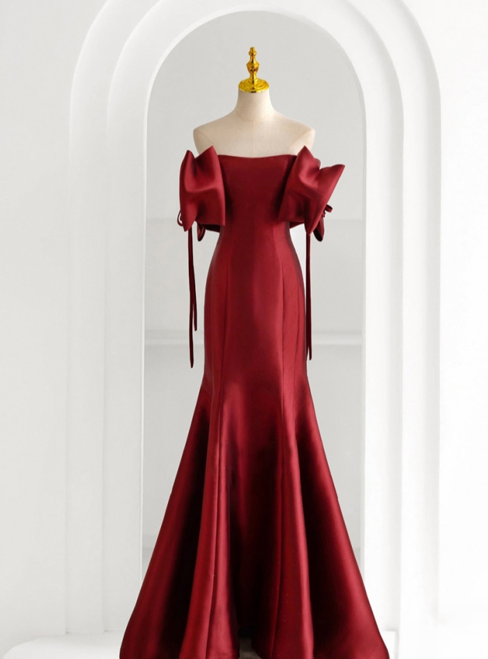 Sexy Mermaid Off The Shoulder Satin Burgundy Long Prom Dresses