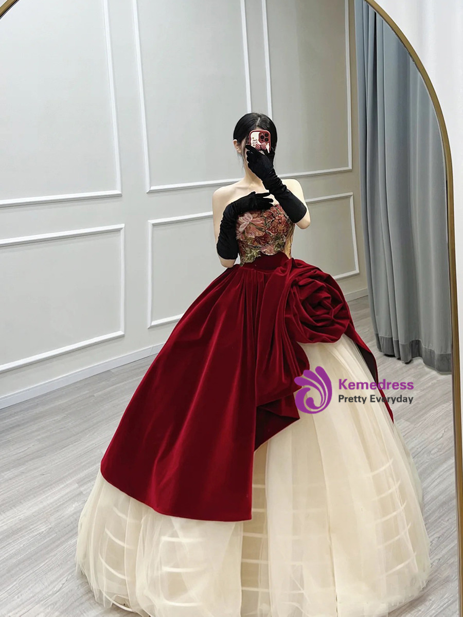 Vintage Burgundy Tulle 3D Flowers Evening Dress,Strapless Prom Party Dress cc2825 main image 0