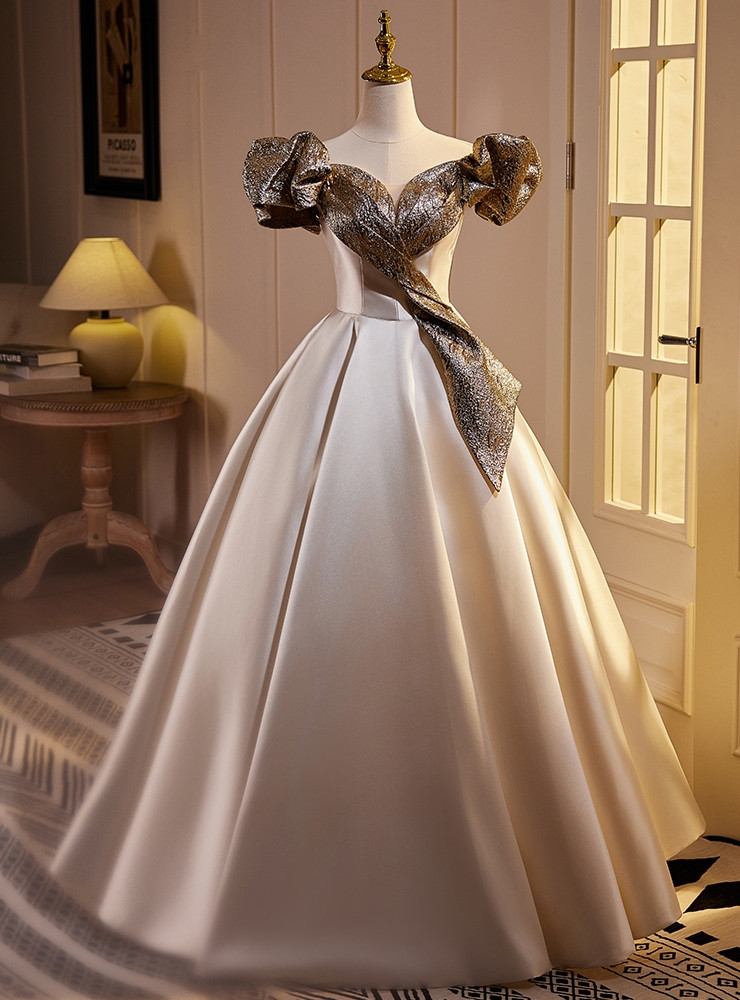 Off Shoulder Satin Champagne Lace Up Prom Dress