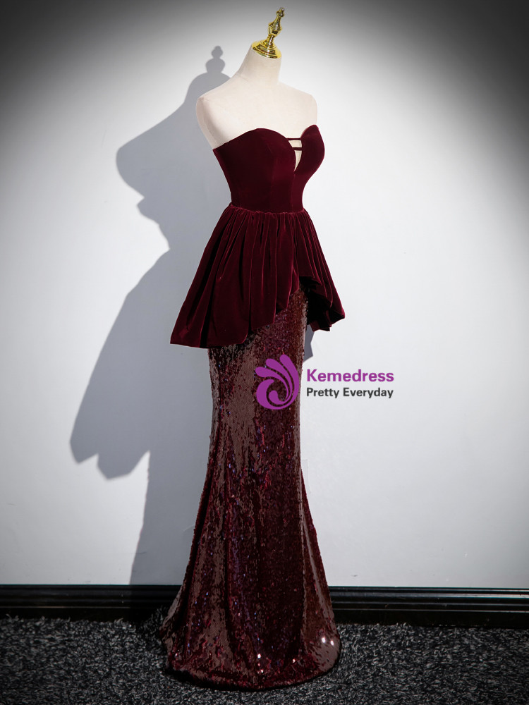 Modern Burgundy Sleeveless Prom Dress with Sequins and Flower Bottom main image 1