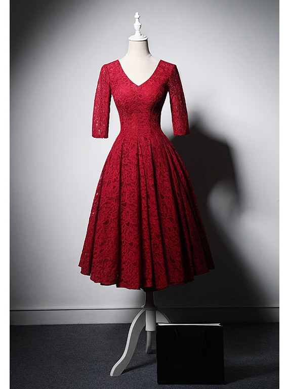 Burgundy A-Line V-Neck Prom Dress with Lace Appliques main image 0