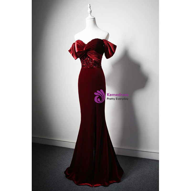 4628 Burgundy Sequin Velvet Mermaid Dress