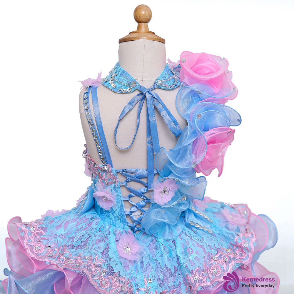 Short Sleeve A-Line Flower Girl Dress With Bow Cascading Ruffles Crystals & Rhinestones