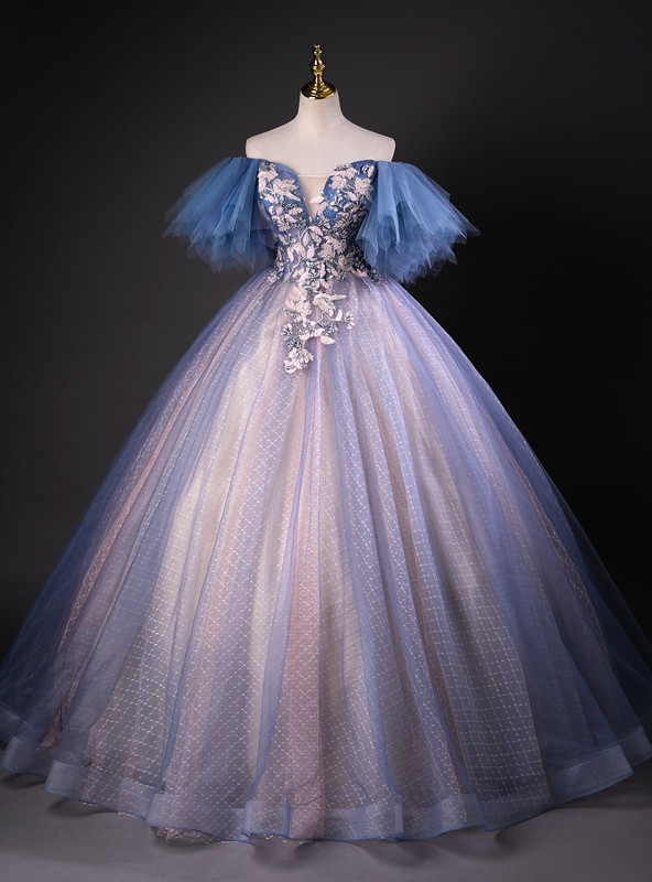 Blue Ball Gown Print Tulle Off the Shoulder Quinceanera Dress