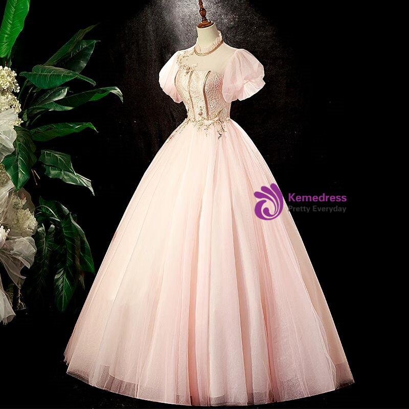 Pink Tulle Lace V-neck Short Sleeve Appliques Quinceanera Dress