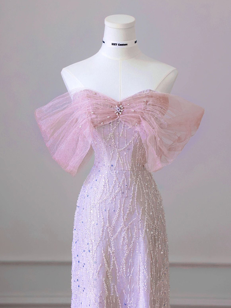 Tulle Sequin Ruffles Pink Off The Shoulder TMermaid Prom Dress main image 1