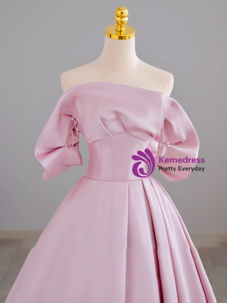 Pink A-Line Strapless Beaded Pleated Satin Formal Prom Dress