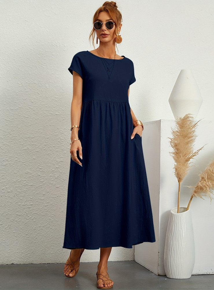 Long Sleeve Dress With Back Tie And Pockets - Navy & White main image 1