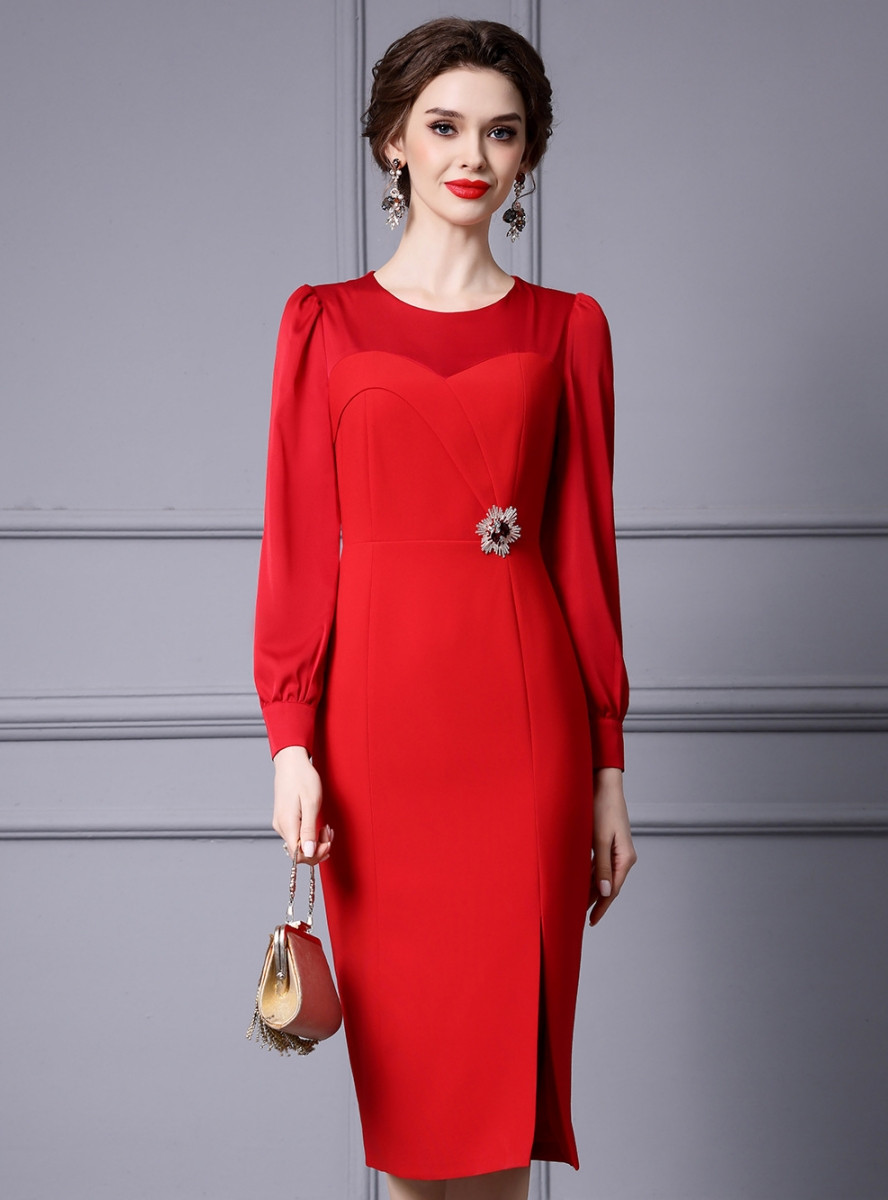 Purple V Neck Long Sleeves Side Slit Column Mother of the Bride Dress