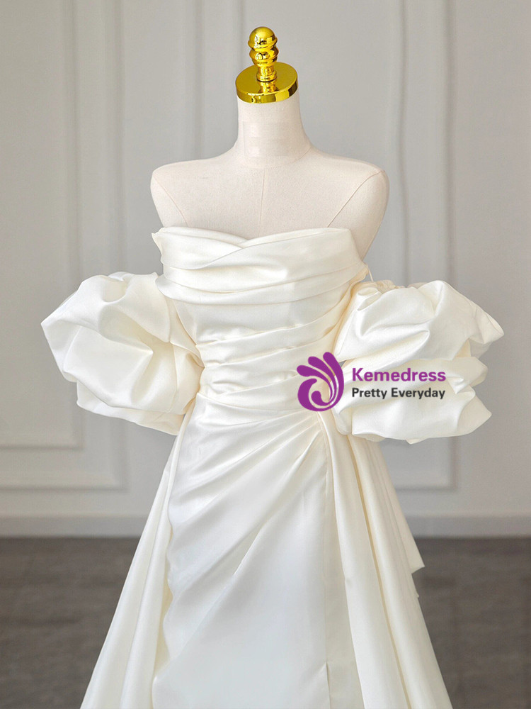 Charming Strapless White Satin Pleated Puff Birthday Party Dress Formal Prom Dresses