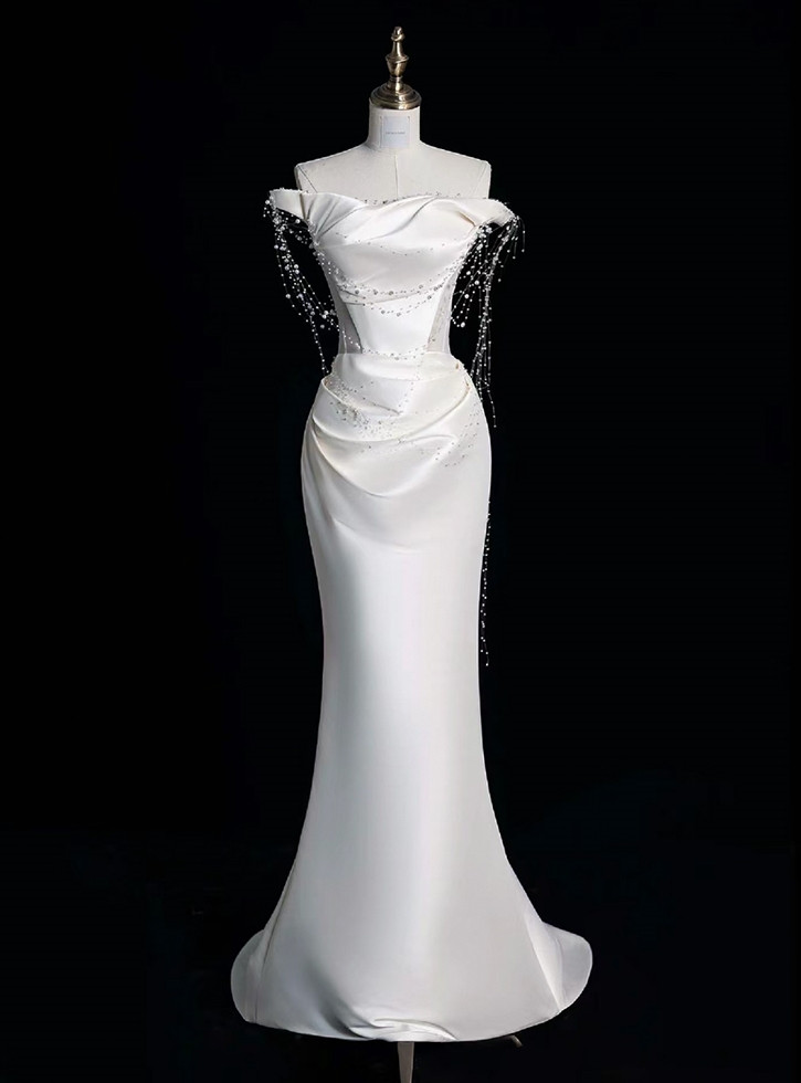 Simple Long White Mermaid One Shoulder Satin Sleeveless Wedding Dress main image 1