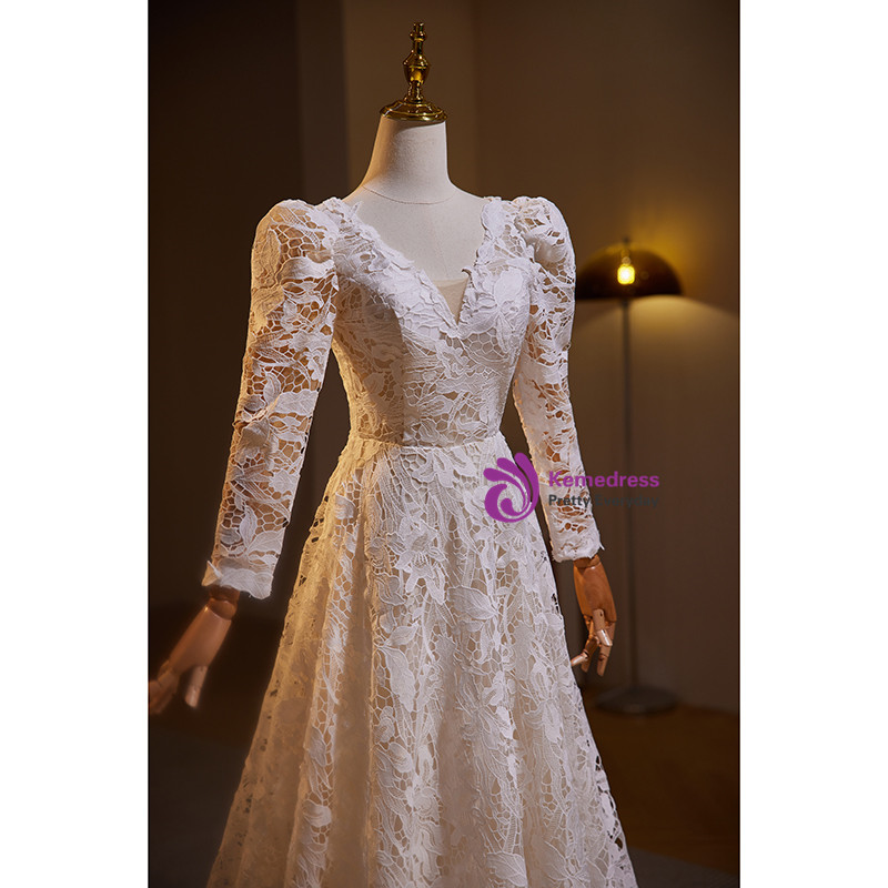 V neck Cap Sleeves Lace Wedding Dresses White